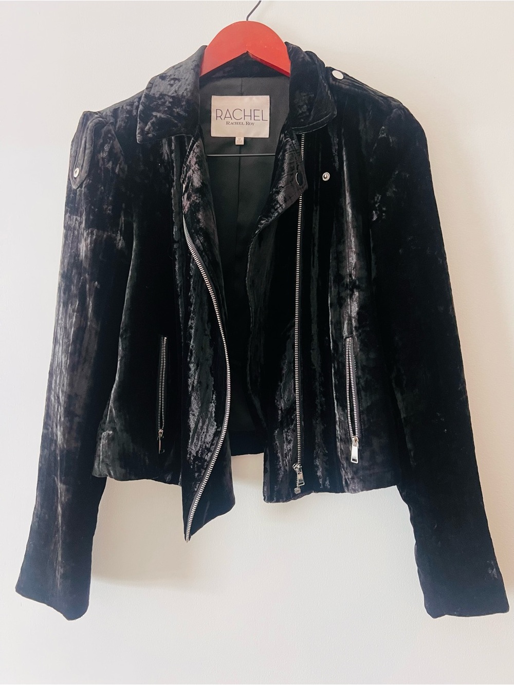 Rachel Roy Black Velvet Moto Jacket with Zip Details- Sz M